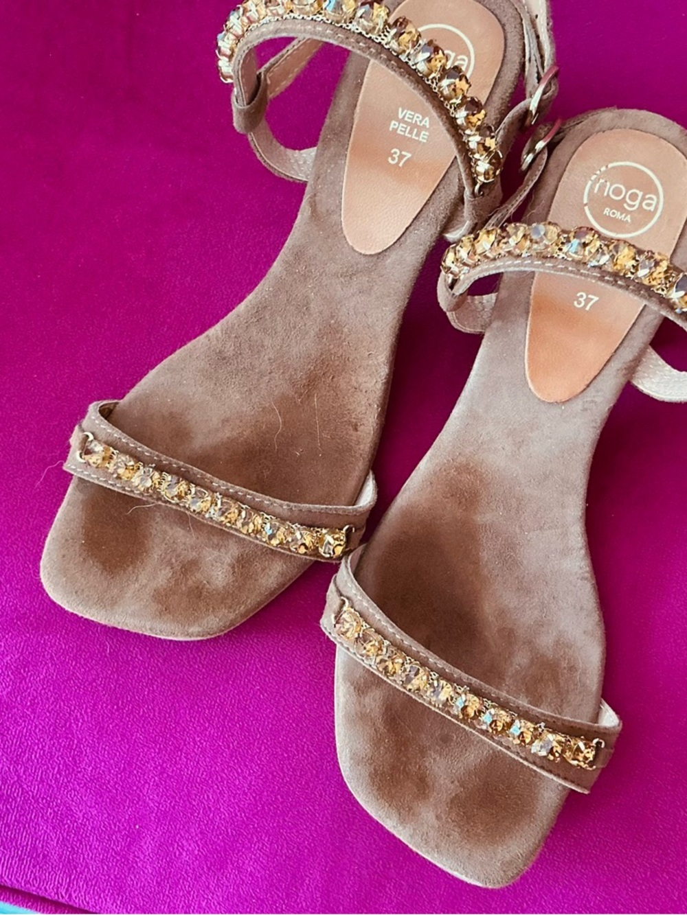 leather suede brown sandals with crystal stones size 7 - Picture 5 of 9